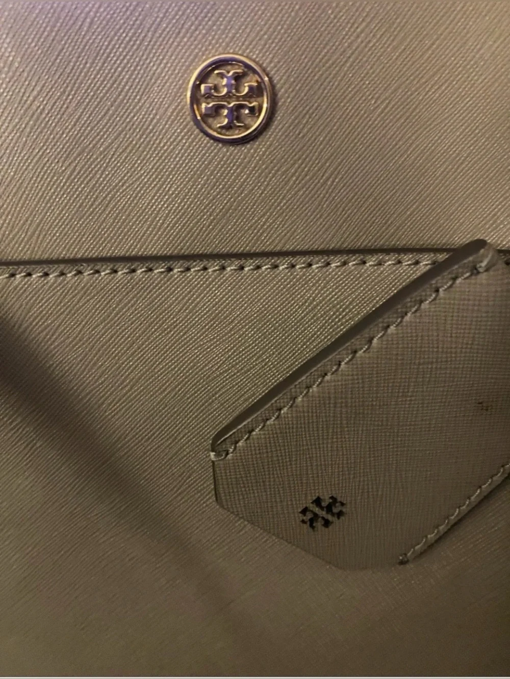 Tory Burch Taupe Saffiano Leather Tote with Logo Charm